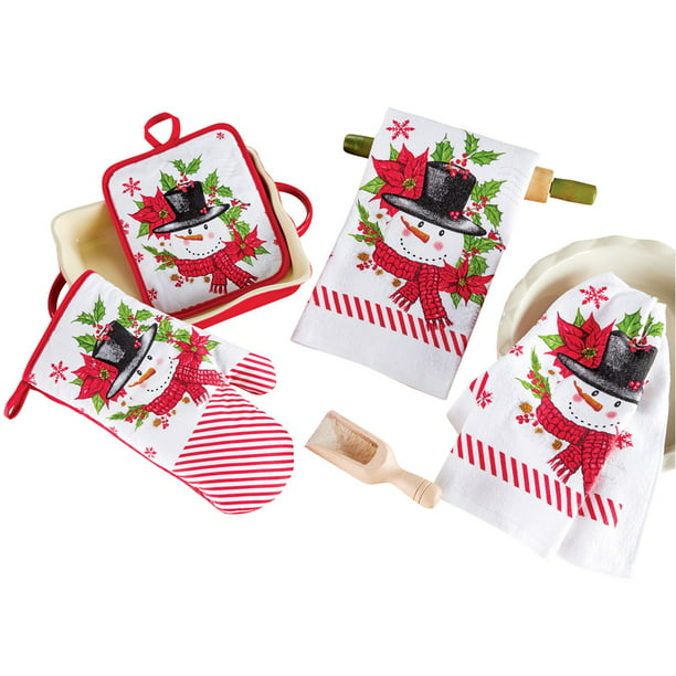 Christmas House Snowman Kitchen Towel,Oven Mitt and Pot Holder 4 Piece Kitchenware Set 